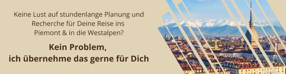 Bräunliches Banner mit einer Luftaufnahme von Turin im Piemont. Links befindet sich ein schriftlicher Hinweis auf den Reiseservice für das Piemont und die Westalpen